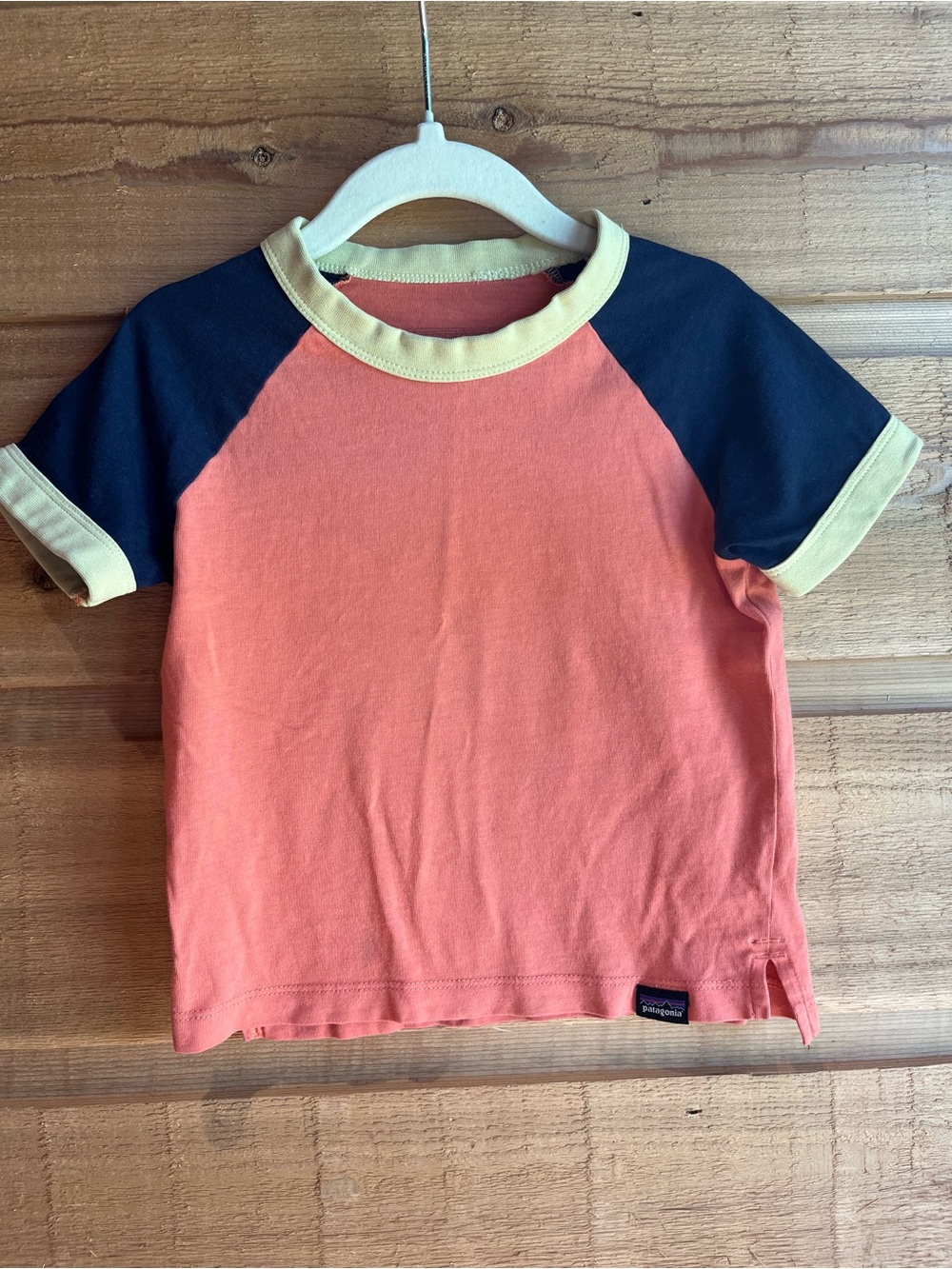 PATAGONIA - Toddler Kids Coral Raglan Tee with Navy Sleeves and Yellow Accents